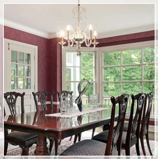 traditional dining room with large chandelier 