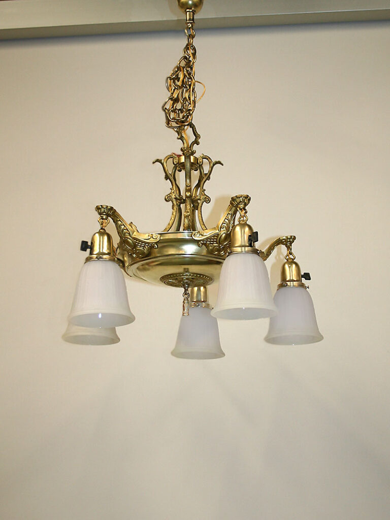 5Lt Brass Pan Fixture Victorian Style w/ Etched Scroll Cast Arms, c. 1920