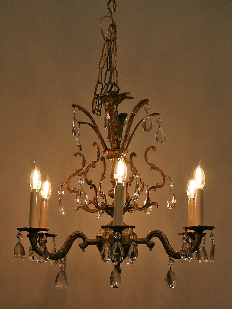 6 Arm Brass Chandelier w/ Almond Crystal, Made in Spain, c. 1950