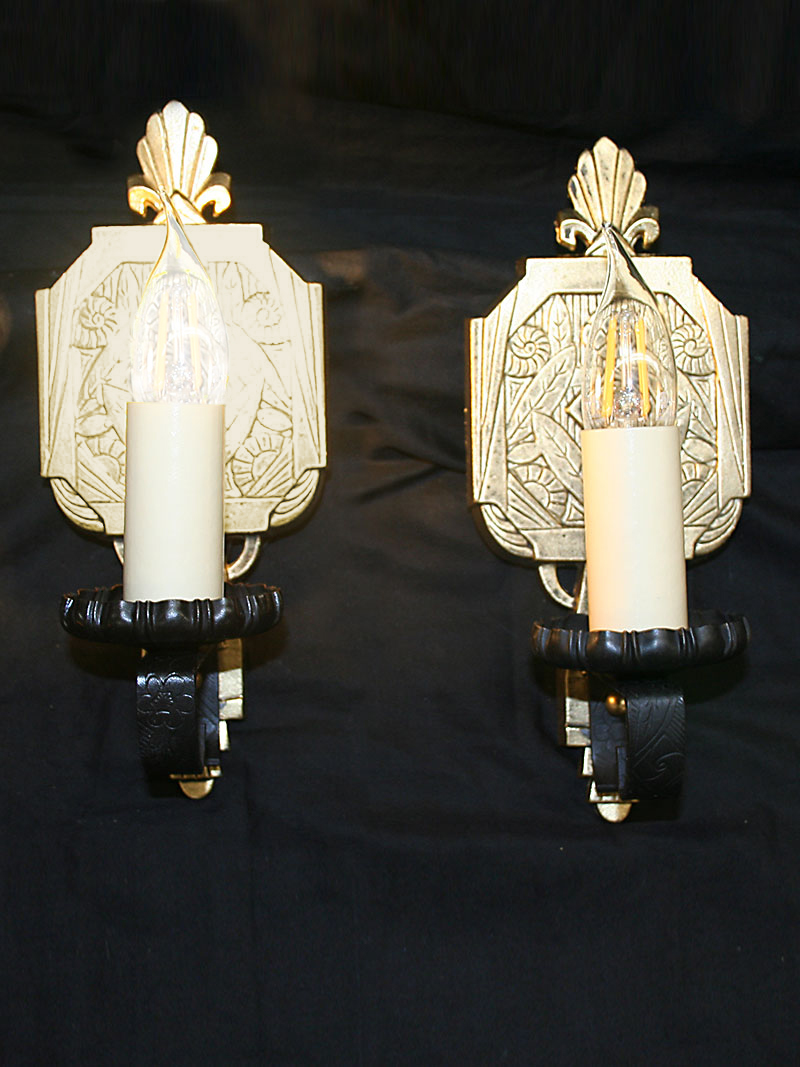 Pair of Gold & Black Art Deco Wall Sconces w/ Flowers & Leaves, c. 1930