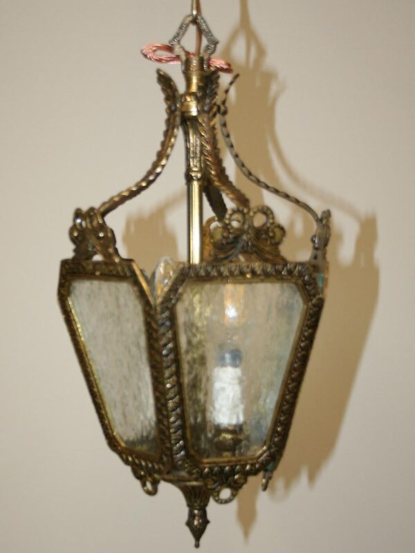 Vintage French Brass Lantern w/ Rain Glass Panels, c. 1960