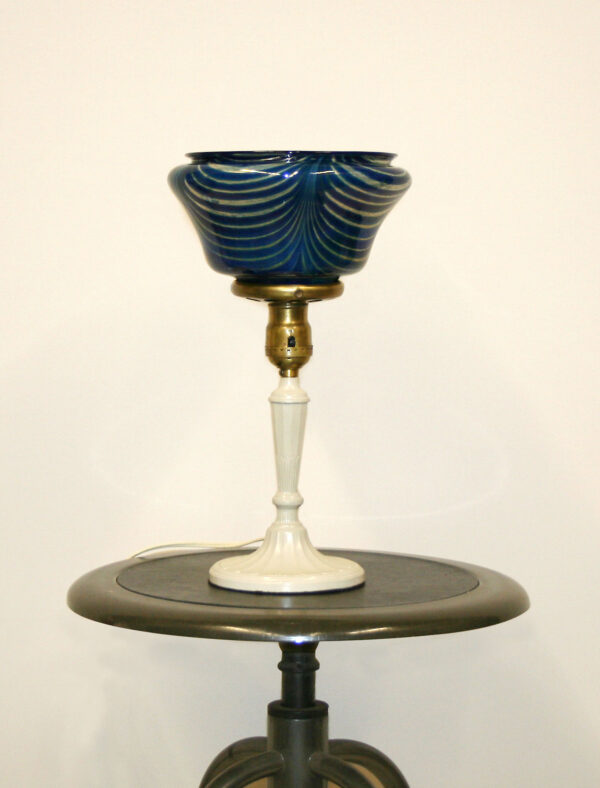 White Metal Accent Lamp w/ Blue Feathered Vintage Glass, c. 1940