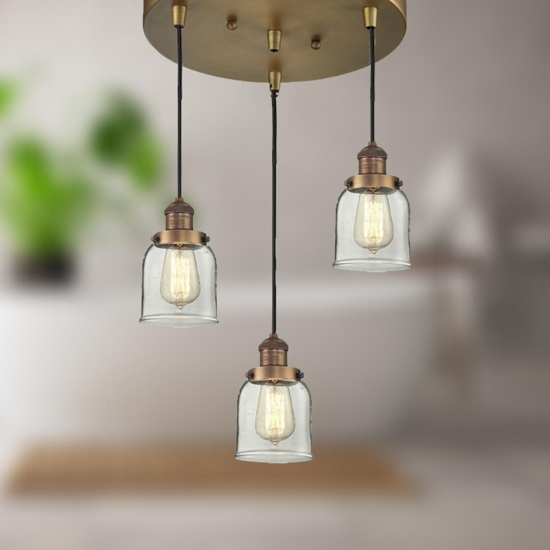 Small Bell Three Light Pendant in Brushed Brass