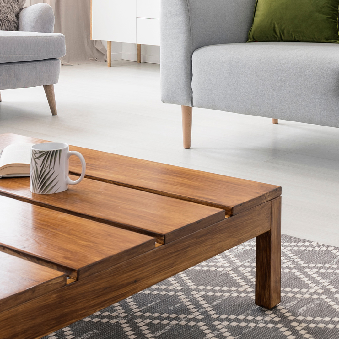 close up of coffee table and rug